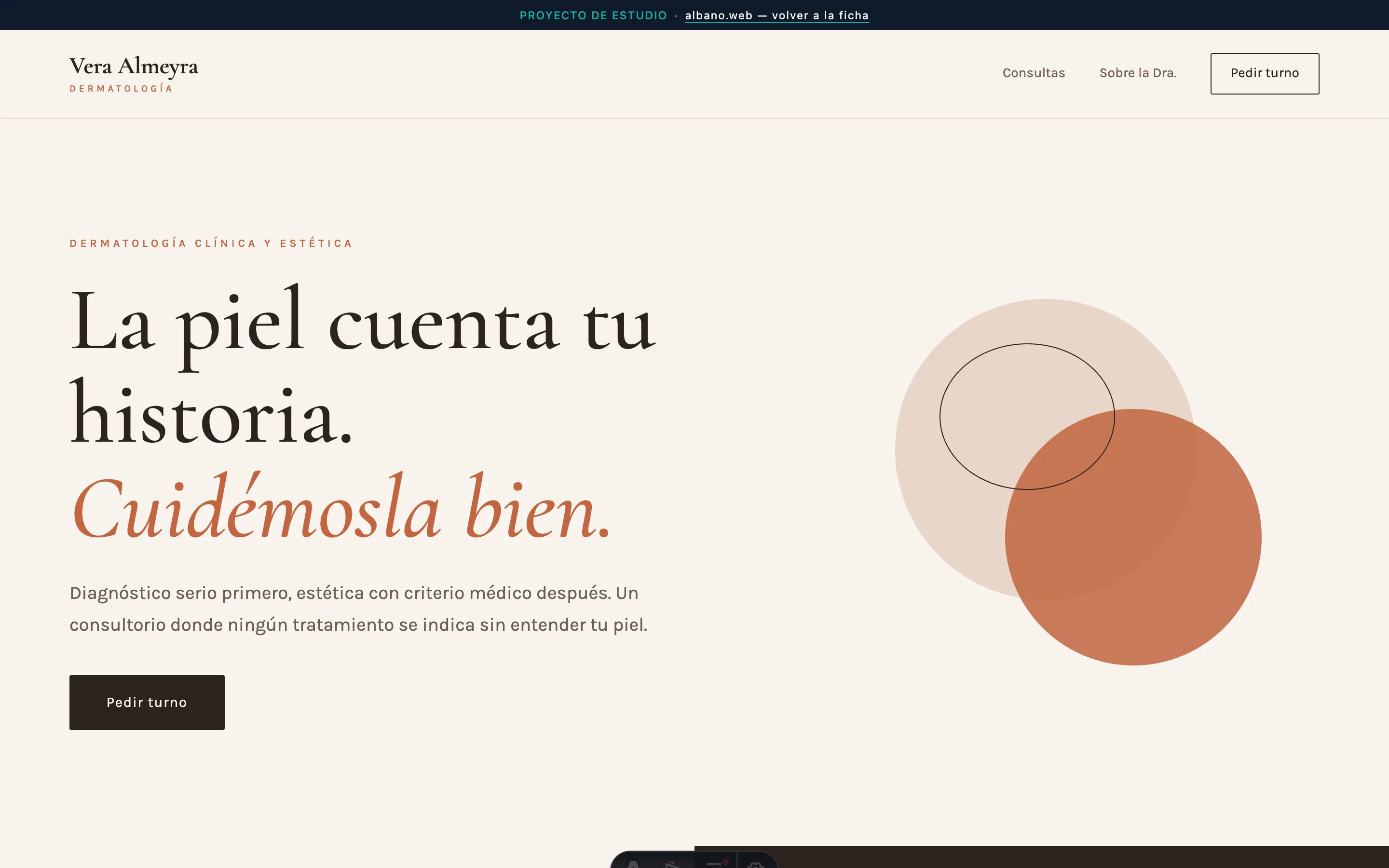 Landing de Vera Almeyra en desktop: hero en crema con círculos terracota