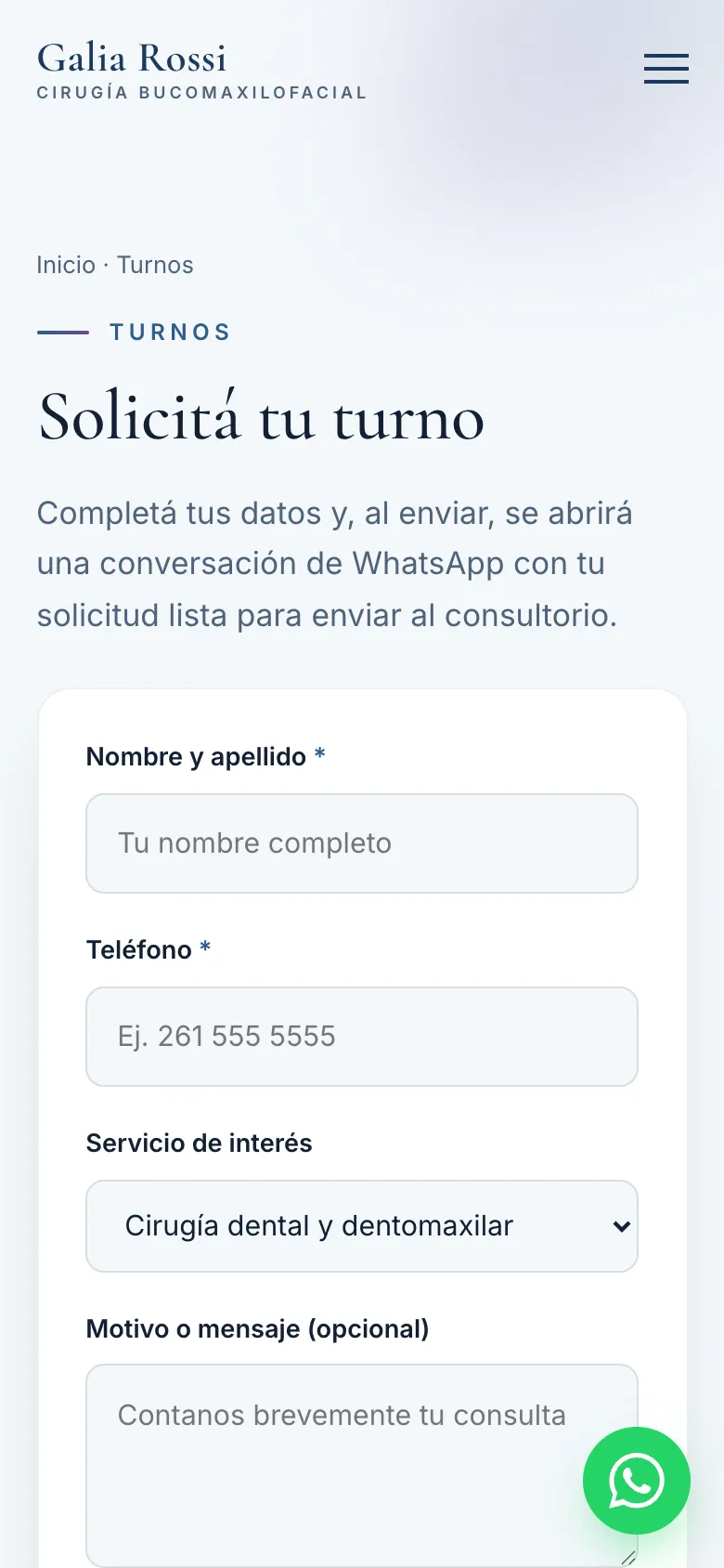 Formulario de turnos del sitio en un teléfono